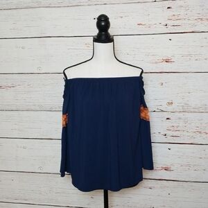 JAMES & JOY // navy off shoulder orange lace top